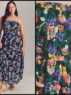 Anthropologie Strapless Somerset Chiffon, Black Floral Maxi Multicolor Blooms